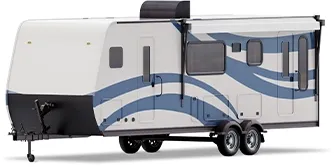 View of a white camper trailer with blue trim.